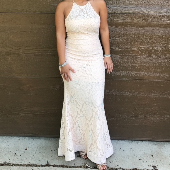Elegant Cream Peach Lace Halter Dress - Picture 1 of 11